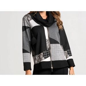 By JJ Womens Abstract Cowl Neck Zip Front Tunic Sweater Black White Medium